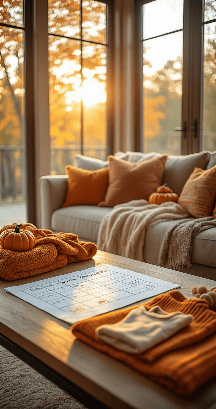 Adorable Toddler Halloween Costumes 2025: The Ultimate Parent's Guide A cozy family room filled with warm golden light, showcasing a coffee table with a parent's shopping checklist and an array of comfortable Halloween costume options, surrounded by soft autumn-colored throws and scattered accessories.