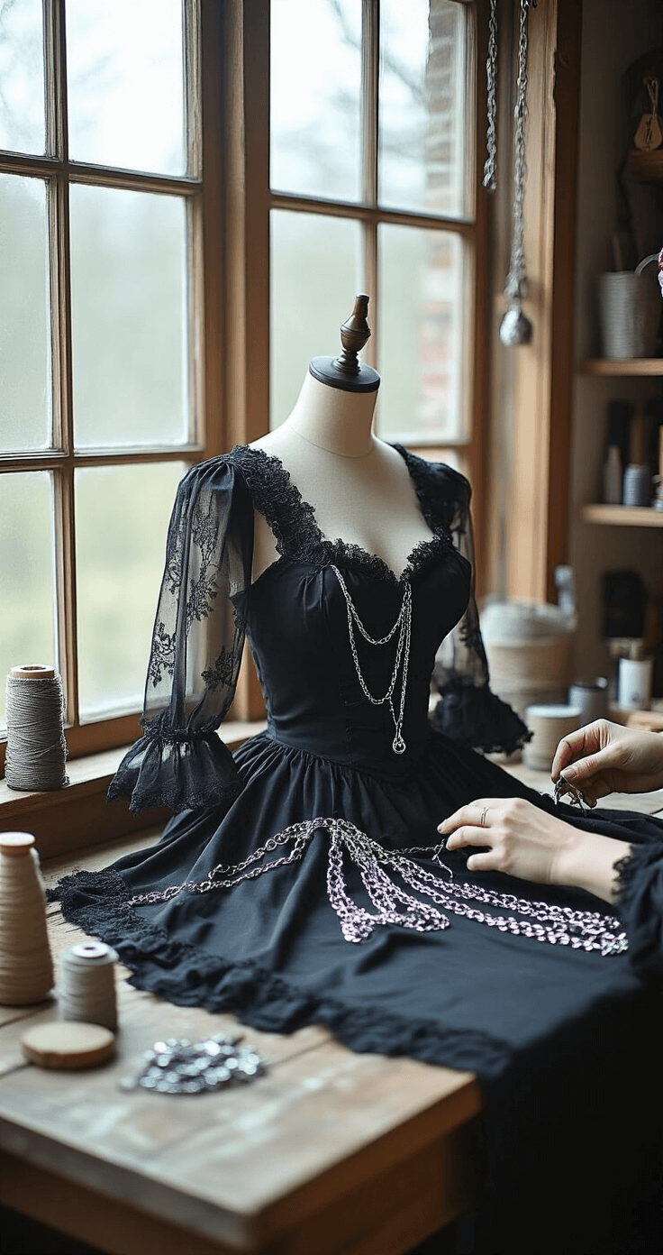 Mastering Misa Amane Cosplay: The Ultimate Gothic Anime Fashion A craft room filled with natural light showcases a DIY cosplay workspace, featuring a wooden table cluttered with black fabric, silver chains, and various craft supplies. Hands are visible modifying a vintage dress with lace trim and gothic details, surrounded by textures of cotton fabrics, metal findings, and sewing materials, all in a color palette of neutral woods, deep blacks, and silver metallics.