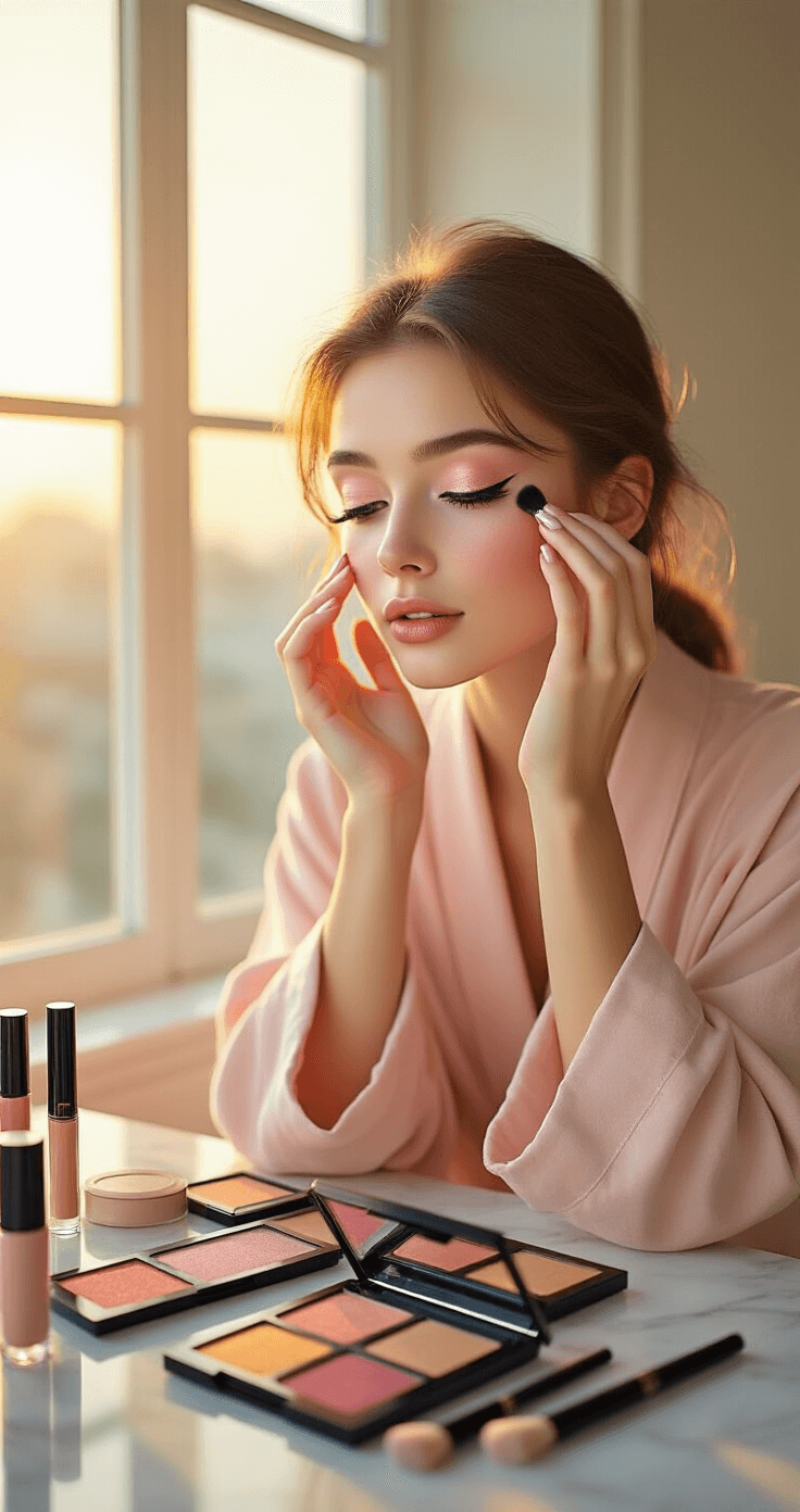 Mastering Cosplay Eye Makeup: Transform Your Look Like a Pro! A young woman in a blush pink robe applies eyeshadow primer at a bright, minimalist vanity, with golden hour sunlight illuminating her focused expression. Open eyeshadow palettes, precision brushes, and other makeup tools are neatly arranged on a marble surface.