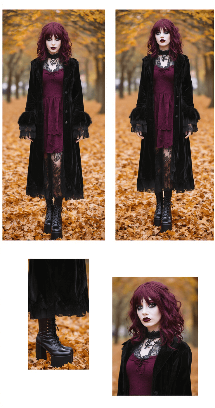 Mastering Misa Amane Cosplay: The Ultimate Gothic Anime Fashion A model in a gothic winter variation of Misa cosplay stands in an autumn park setting, surrounded by golden fallen leaves. She wears a layered black velvet coat over a lace dress, complemented by burgundy lipstick and dramatic makeup. Her platform boots crunch through the amber leaves, and the scene is illuminated by soft overcast lighting, capturing the moody, gothic romantic atmosphere.