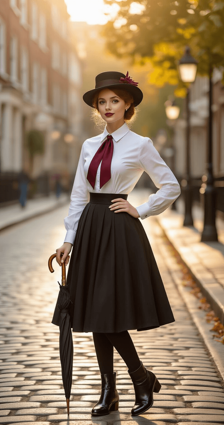 9 Easy Halloween Costumes for Women in 2025: No-Stress, Budget-Friendly Looks A young woman in a vintage Mary Poppins costume poses on a charming Victorian street corner during golden hour, wearing a white blouse, black skirt, burgundy tie, and polished ankle boots, while holding a classic black umbrella. Warm sunlight filters through trees, casting soft shadows on the cobblestone pavement.