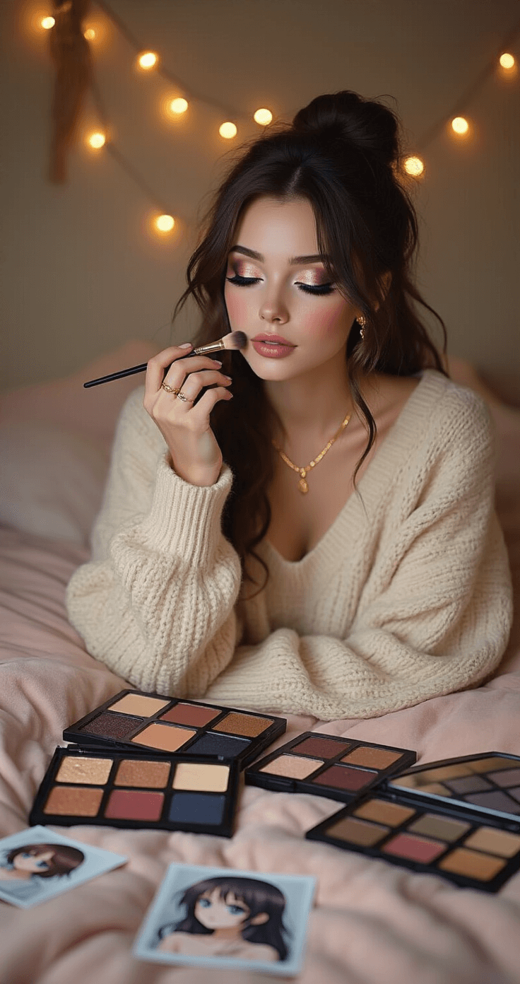 Mastering Cosplay Eye Makeup: Transform Your Look Like a Pro! A cozy bedroom scene featuring a cosplayer applying makeup for a character transformation, surrounded by jewel-toned eyeshadow palettes, brushes, and anime reference photos on a plush velvet comforter, with soft ambient lighting from string lights. She wears a cream oversized sweater and delicate gold jewelry, highlighting the artistry of her makeup process.