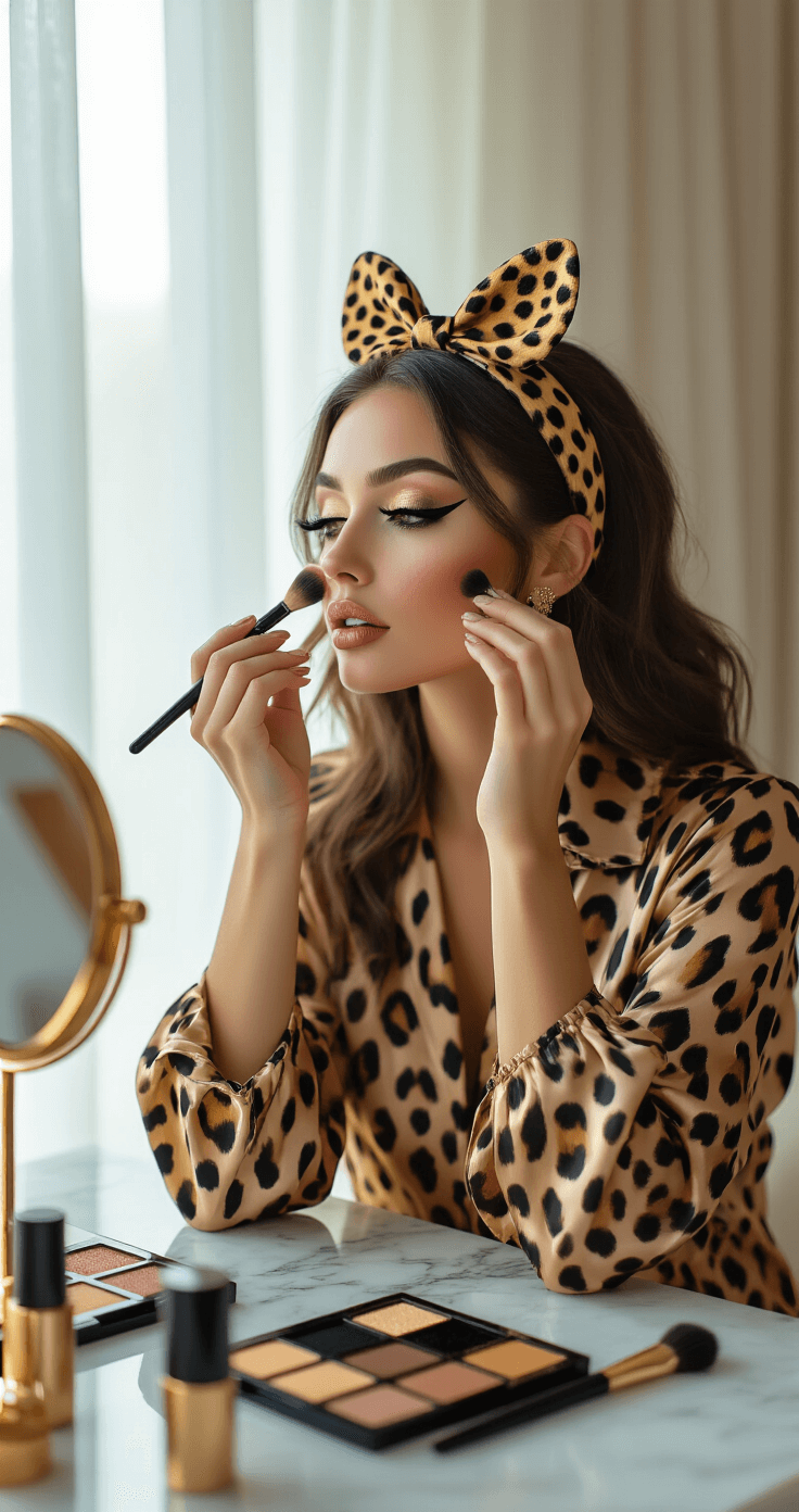 9 Easy Halloween Costumes for Women in 2025: No-Stress, Budget-Friendly Looks Close-up of a woman in a cheetah print blouse applying dramatic makeup at a modern bedroom vanity, with natural light highlighting her gold eyeshadow palette and makeup tools on a marble surface.