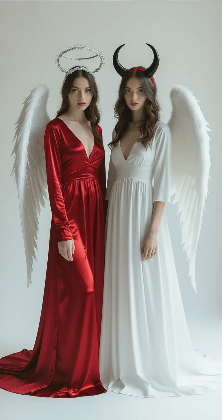 9 Easy Halloween Costumes for Women in 2025: No-Stress, Budget-Friendly Looks A woman in a minimalist studio showcases contrasting angel and devil costume pieces: one side features a flowing white dress with a silver halo, while the other side displays a red satin dress with black horns, illuminated by soft diffused lighting.