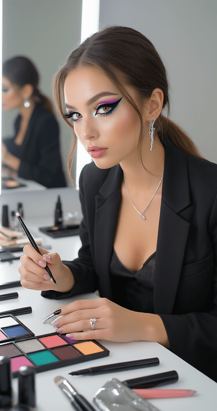 Mastering Cosplay Eye Makeup: Transform Your Look Like a Pro! A professional makeup artist in a sleek black blazer and silk camisole demonstrates advanced eyeliner techniques for cosplay in a brightly lit studio, surrounded by colorful contact lenses and precision tools, with multiple mirrors reflecting her artistic work on dramatic wing extensions and geometric shapes.