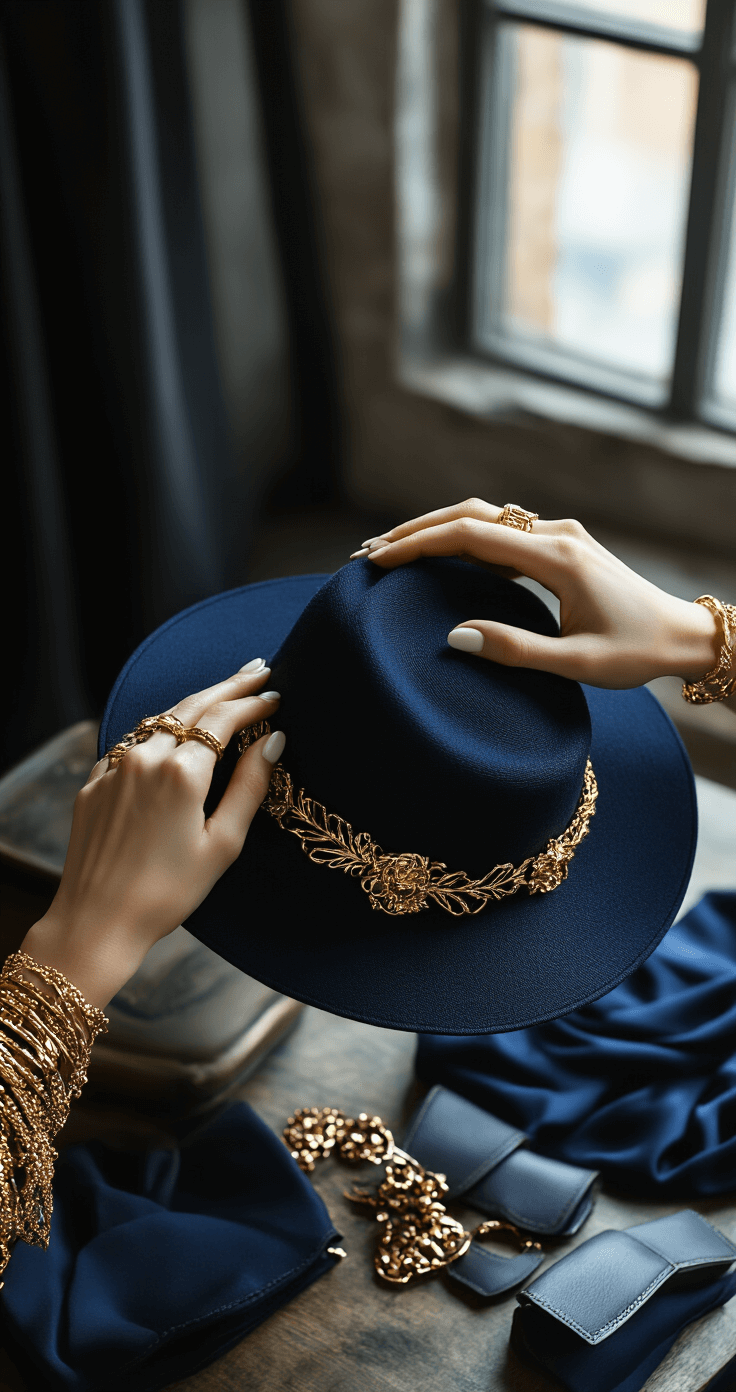 Close-up of hands adjusting an oversized structured hat in a chic urban loft, surrounded by gold jewelry and dark navy fabric, with soft ambient lighting and natural window light creating gentle shadows on silk and leather accessories.