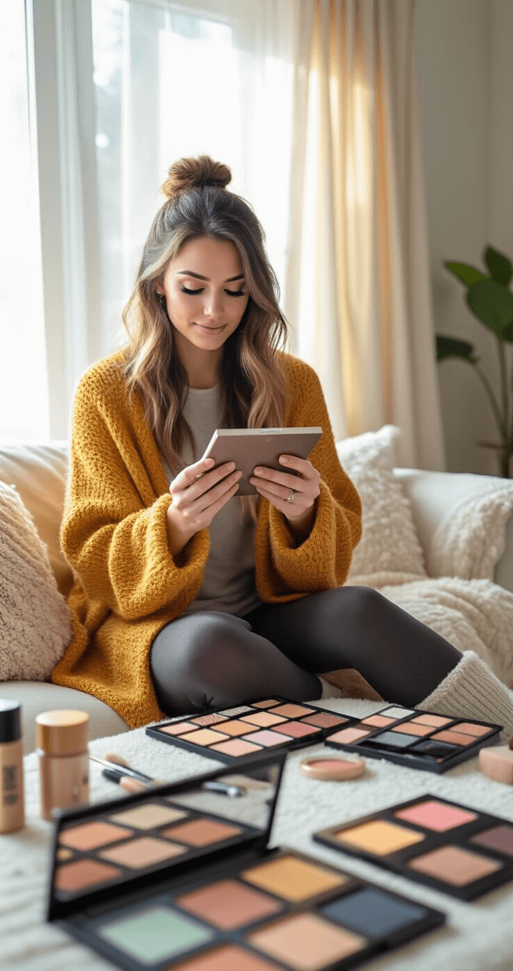 Mastering Cosplay Eye Makeup: Transform Your Look Like a Pro! A woman in a cozy living room practices eyeshadow techniques while surrounded by makeup tutorials on her tablet, wearing a mustard yellow cardigan and fuzzy socks. Soft afternoon sunlight streams through sheer curtains, illuminating her workspace filled with eyeshadow palettes, blending brushes, and reference materials on the coffee table, reflecting her dedication to mastering complex cosplay looks.