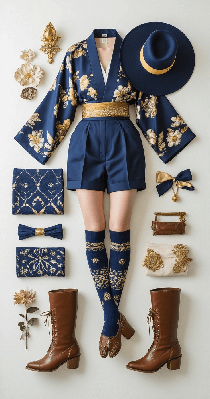 Flat lay of traditional-inspired fashion pieces in a minimalist studio: navy kimono jacket, structured azure shorts, decorative socks, ornate boots, and a dramatic hat, all arranged against a crisp white background, showcasing rich textures and colors with a professional editorial vibe.