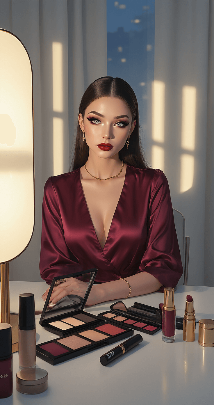 Mastering Cosplay Eye Makeup: Transform Your Look Like a Pro! A beautifully arranged vanity room showcases a professional cosplay eye makeup transformation, illuminated by evening streetlamp light. The model, dressed in a deep burgundy silk blouse and minimalist gold jewelry, highlights bold eye makeup. The vanity features an array of high-end makeup products, including NYX palettes, Maybelline liners, and Benefit mascara, emphasizing the artistry and satisfaction of the character transformation.