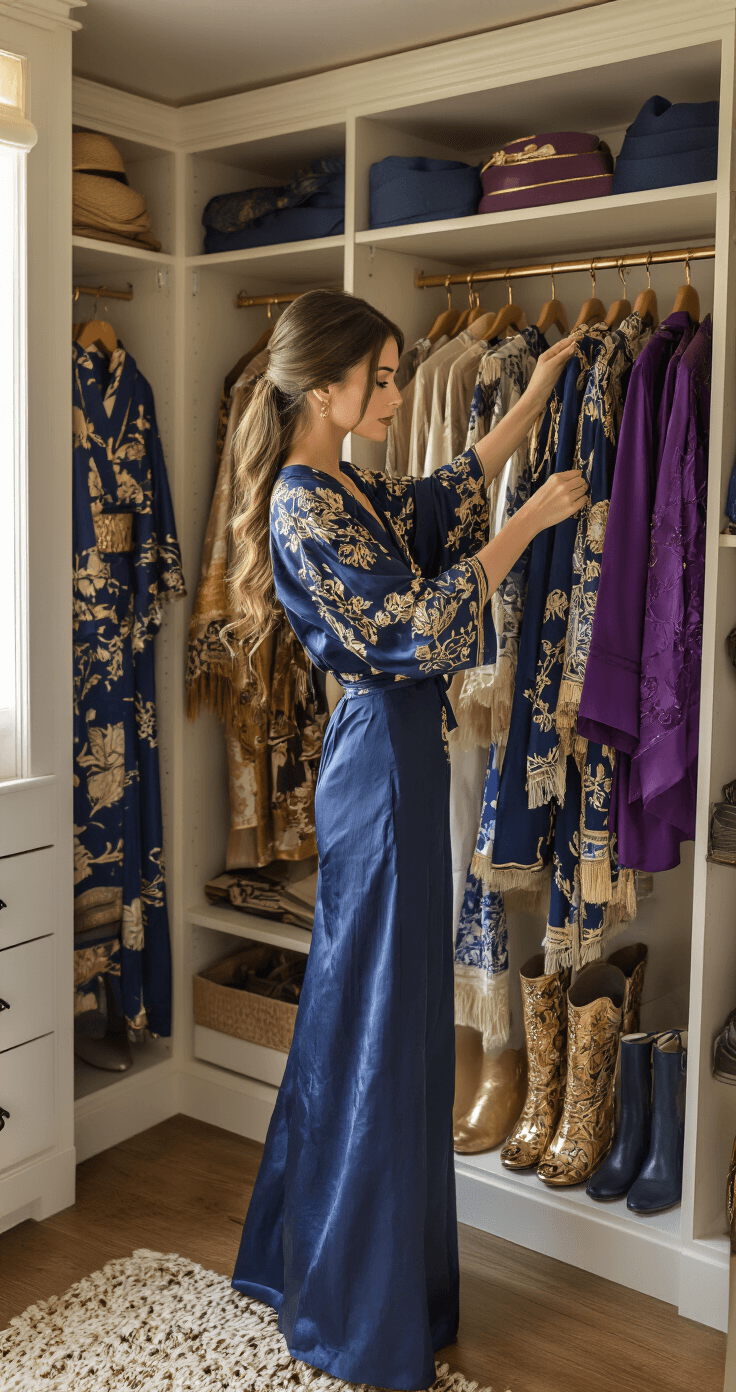 A woman organizes traditional-inspired clothing in a stylish walk-in closet, illuminated by soft natural light, showcasing navy, azure, and purple garments with gold detailing, alongside silk kimonos and ornate boots.