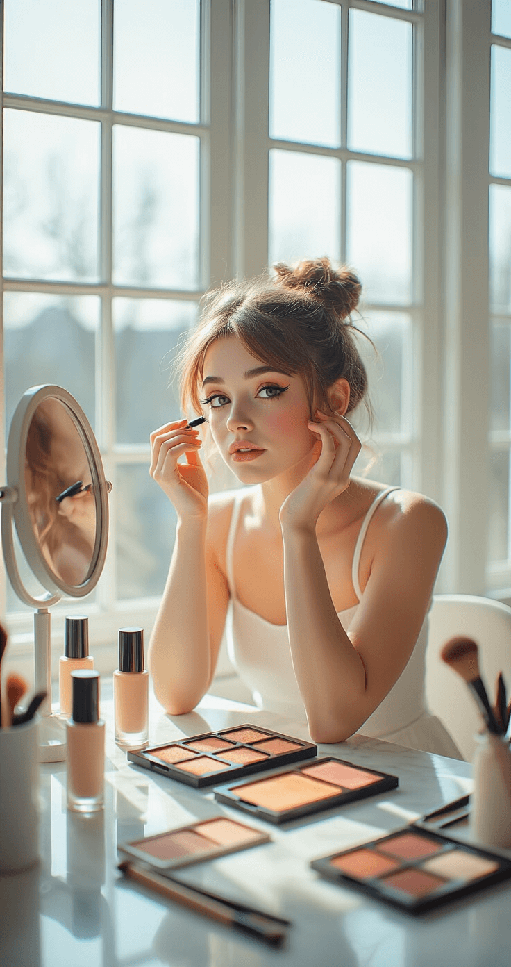 A young woman applies primer at a minimalist white vanity table, surrounded by organized beauty products for Coraline cosplay makeup, illuminated by bright morning light.