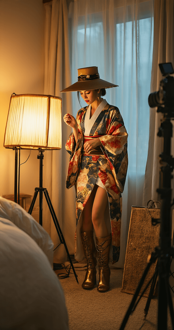 Cozy bedroom corner during evening, featuring a woman adjusting lighting for a dramatic fashion photography shoot with traditional-inspired costume pieces, including a kimono robe, structured hat, and ornate boots. Warm lamp light and soft window glow highlight silk textures and gold accents against neutral tones, with professional camera equipment visible in an intimate and creative atmosphere.