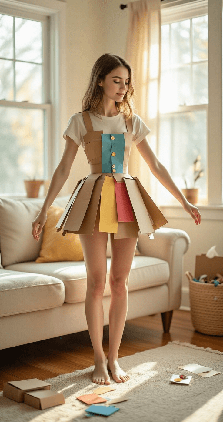 9 Easy Halloween Costumes for Women in 2025: No-Stress, Budget-Friendly Looks A cozy living room filled with soft morning light, featuring a woman modeling a whimsical paper doll costume made of neutral beige cotton and colorful cardboard cutouts, attached with satin ribbons. Scattered craft supplies on hardwood floors enhance the playful atmosphere, while warm beiges and rainbow colors create a vibrant scene.