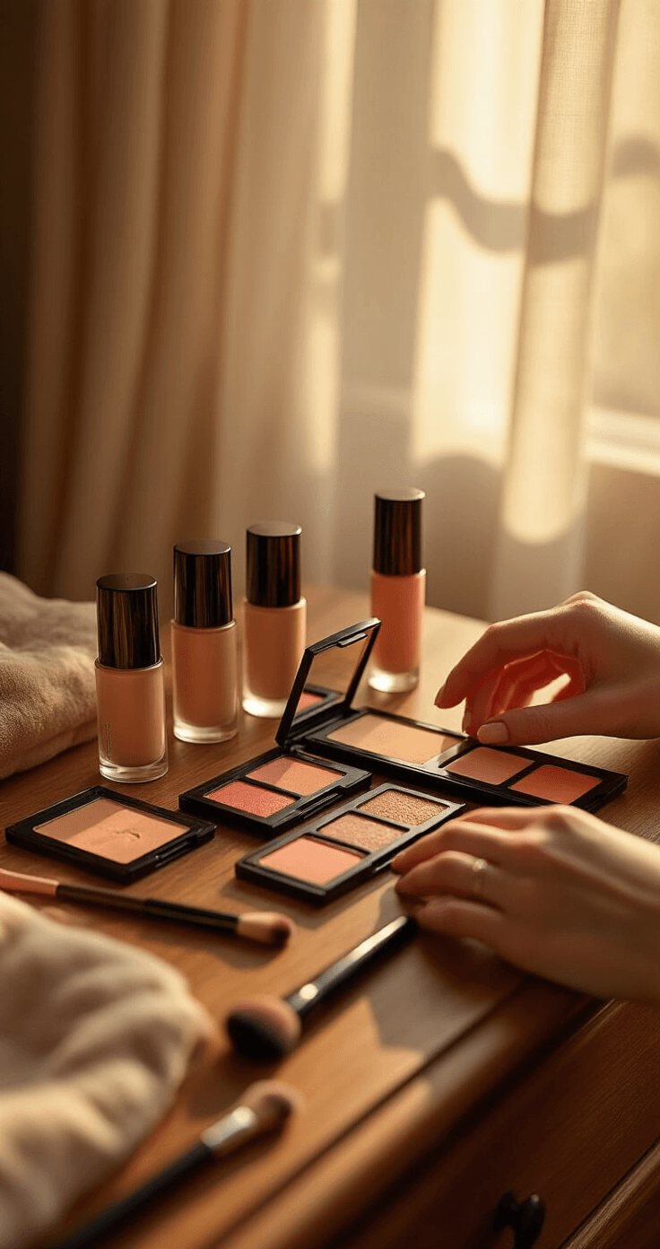 Close-up of hands arranging a Coraline makeup kit on a cozy wooden dresser, featuring foundation bottles, peach eyeshadow compacts, eyebrow pencils, and brushes, illuminated by warm golden hour light filtering through sheer curtains.