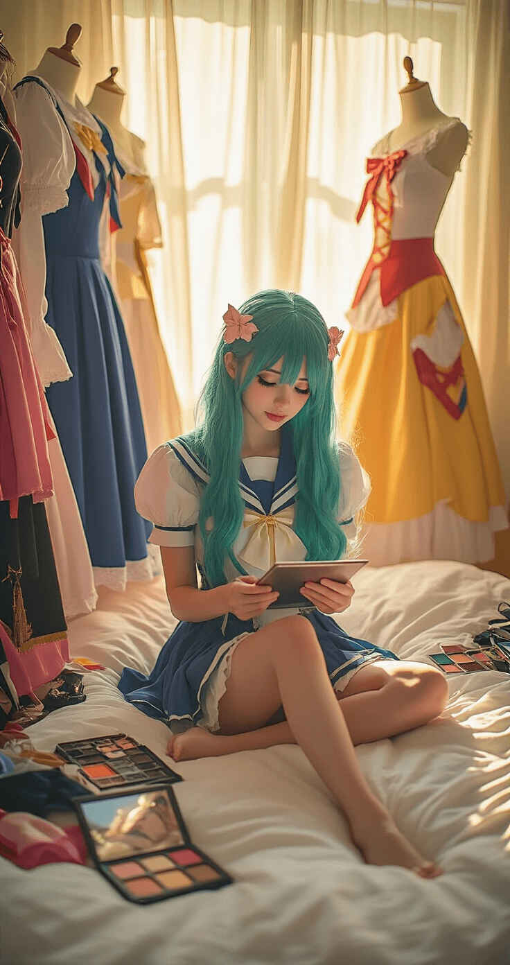 Ultimate Guide to Anime Cosplay: Transform Your Style Like a Pro! A young woman examines reference images on her tablet while sitting amidst colorful anime cosplay costumes on a white duvet in a sunlit bedroom, with warm light streaming through sheer curtains and creative chaos surrounding her.