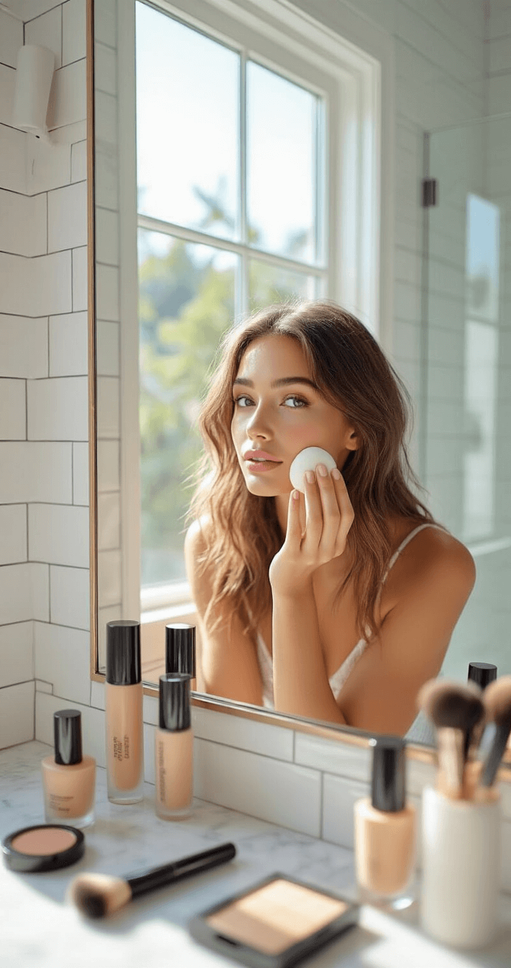 A woman applies matte foundation in a bright bathroom, using a damp beauty sponge to achieve a smooth finish. The scene features white subway tiles and marble countertops, illuminated by natural light. Various foundation bottles and brushes are arranged nearby.