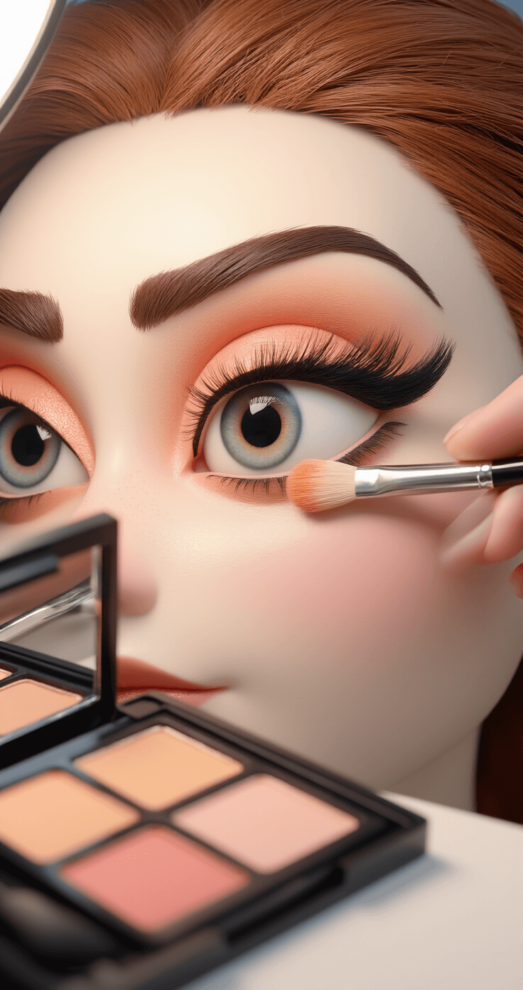 Close-up of eyes showcasing a Coraline makeup transformation, with peach and light brown eyeshadows applied using fluffy brushes in a stylish makeup studio. Professional ring lighting highlights the eye makeup process and soft blending technique, surrounded by makeup palettes and brushes.