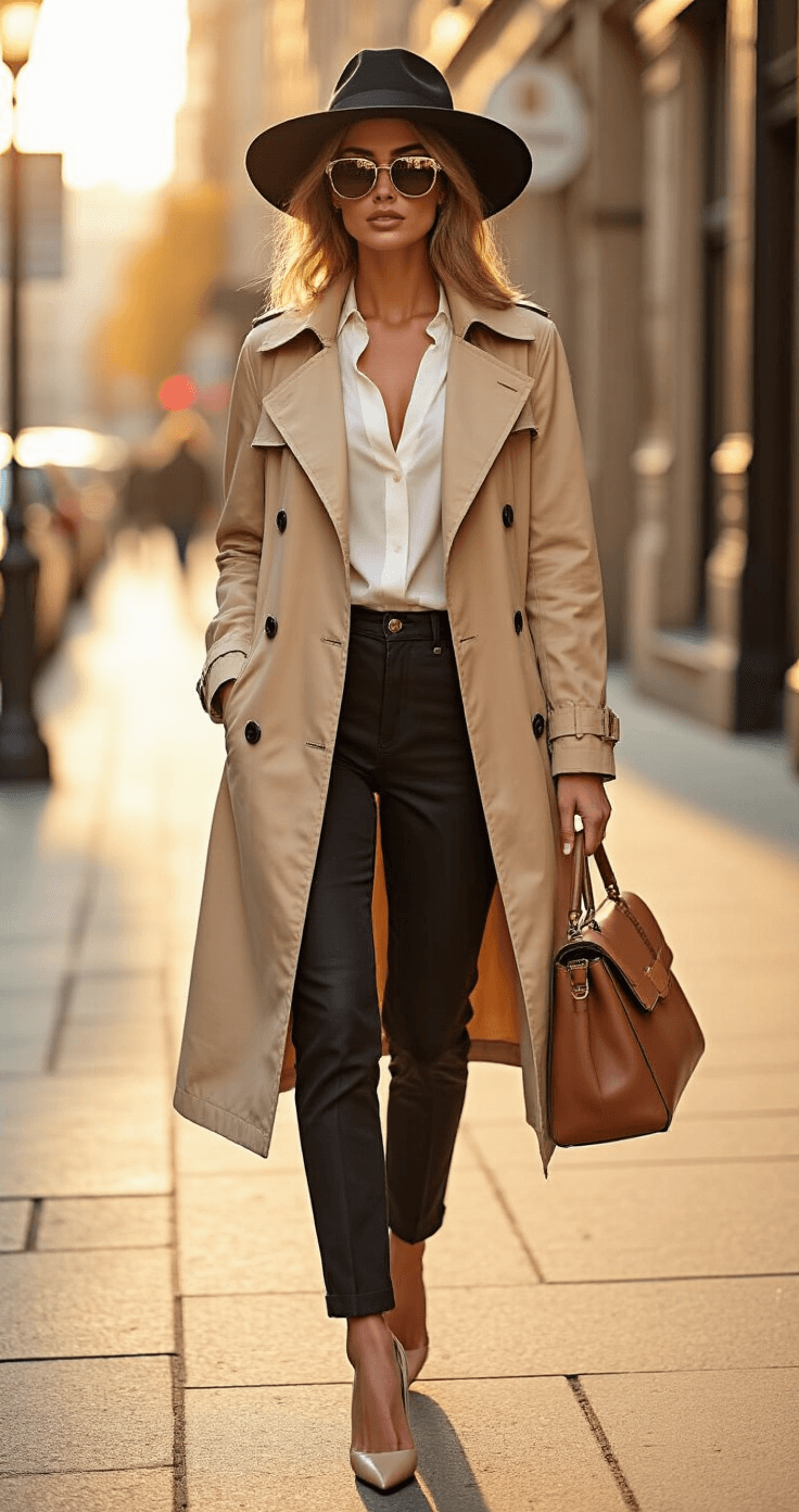 15 Easy Halloween Costumes You Can Make in Under an Hour A stylish woman walking confidently in an urban setting during golden hour, wearing an oversized black fedora, designer sunglasses, a tailored beige trench coat over a white silk blouse, and complementing her look with a leather handbag and nude block heels.