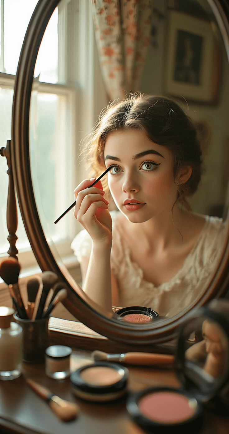 A concentrated young woman using a fine brown pencil to shape Coraline's signature thin, arched eyebrows at her bedroom vanity, surrounded by vintage makeup containers and brushes, with soft morning light illuminating the scene.