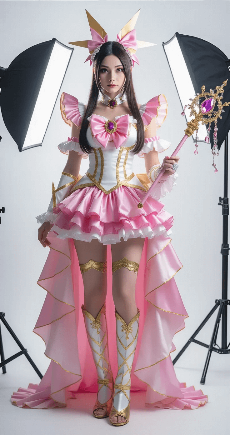 Ultimate Guide to Anime Cosplay: Transform Your Style Like a Pro! A confident cosplayer in a vibrant pink and gold magical girl costume poses in a minimalist studio, showcasing intricate beadwork and metallic accessories, while holding an ornate crystal-studded wand. Professional lighting accentuates the costume's textures and creates dramatic shadows against a clean white backdrop.