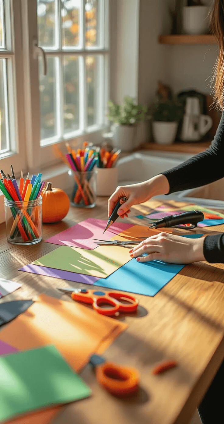 15 Easy Halloween Costumes You Can Make in Under an Hour Organized craft station on a wooden dining table with Halloween costume supplies, including colorful construction paper, sharp scissors, and a hot glue gun. A woman's hands are visible arranging materials, illuminated by bright midday sunlight coming through the kitchen window, creating a warm and inviting atmosphere for DIY crafting.