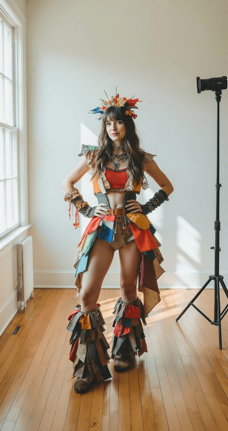 15 Easy Halloween Costumes You Can Make in Under an Hour A woman poses in a vibrant DIY costume, showcasing layered accessories and bold colors, in a bright living room with hardwood floors and minimal furniture, illuminated by soft afternoon sunlight.