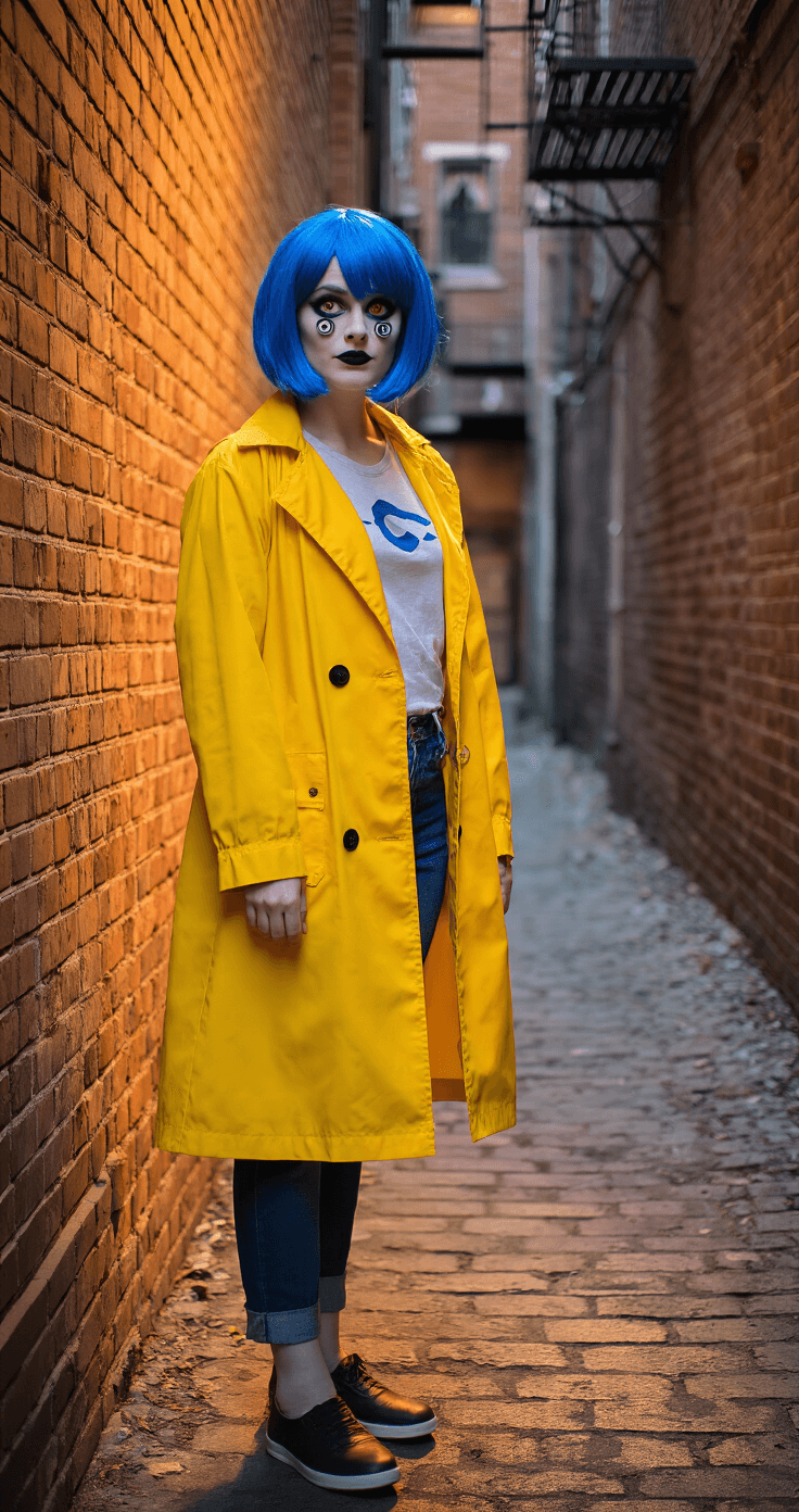 A woman in a bright yellow raincoat and casual clothes stands in an urban alley during magic hour, showcasing a short blue wig and button eyes makeup. The backdrop features brick walls and vintage fire escapes, with golden evening light casting dramatic shadows. The full-body shot captures her transformation into Coraline with professional photography styling.