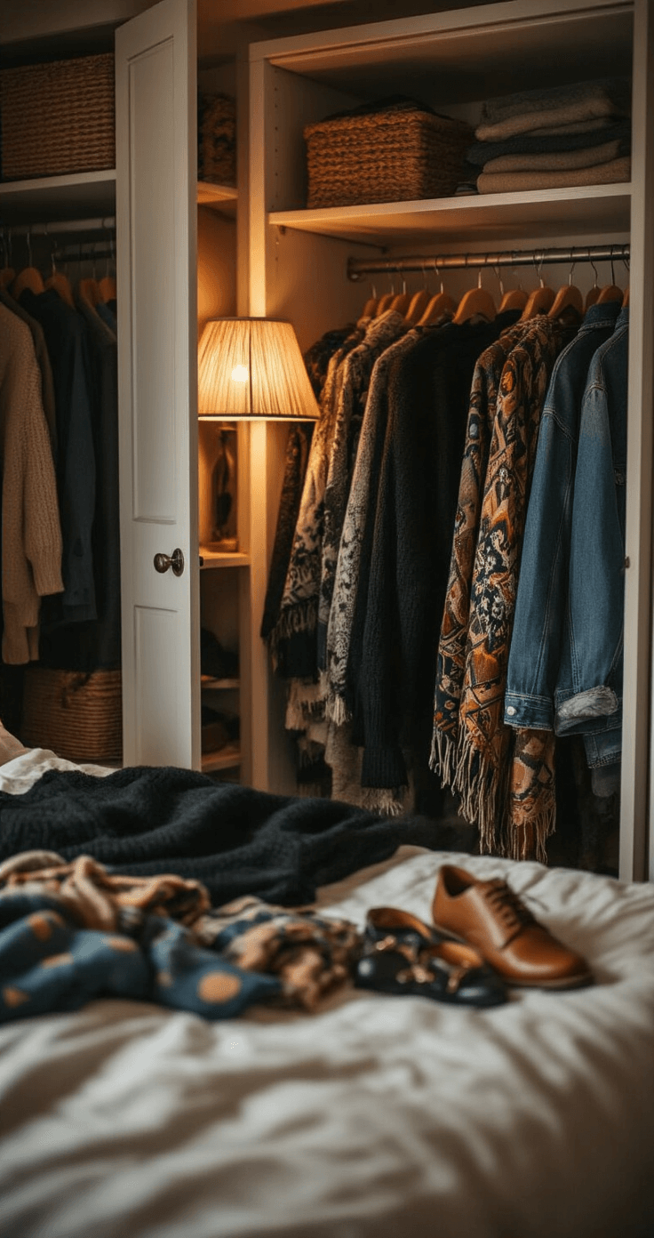 15 Easy Halloween Costumes You Can Make in Under an Hour A woman explores her cozy bedroom wardrobe, selecting clothes for a costume from an open closet. The warm evening light from bedside lamps casts a soft glow on a bed where a black sweater, denim jacket, patterned scarves, and various accessories are laid out. Soft textures of cotton, wool, and neatly arranged leather shoes are emphasized, capturing an intimate styling moment with a focus on fabric textures and neutral color coordination.