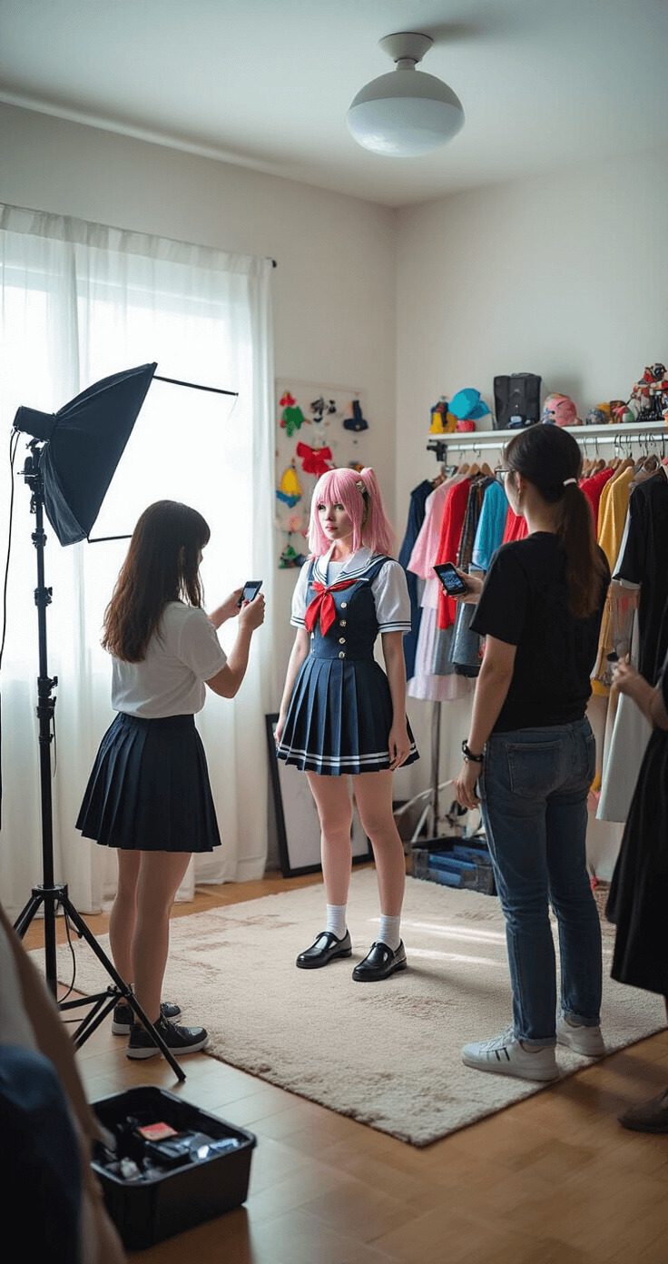Ultimate Guide to Anime Cosplay: Transform Your Style Like a Pro! A lively bedroom scene featuring a group of friends engaged in a cosplay photoshoot, with one model in a detailed school uniform posing while others manage lighting and equipment. The backdrop is organized with colorful props and costume changes displayed. Natural light mixes with LED panels, showcasing the technical and social aspects of cosplay photography with cameras and editing tablets in view.