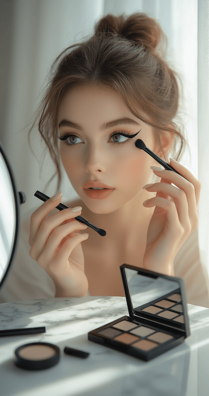 A young woman with porcelain skin applies winged eyeliner at a modern vanity, illuminated by soft morning light. Black eyeliner and makeup items are scattered on a marble surface, captured in a detailed close-up.