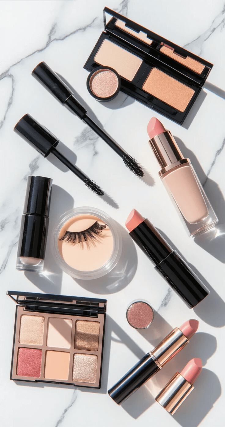 A flat lay of a professional cosplay makeup collection on a white marble surface, featuring black liquid eyeliner, dramatic false lashes, pale foundation bottles, neutral eyeshadow palettes, and soft pink lipsticks, all arranged aesthetically under natural daylight that highlights the product textures and metallic packaging details.