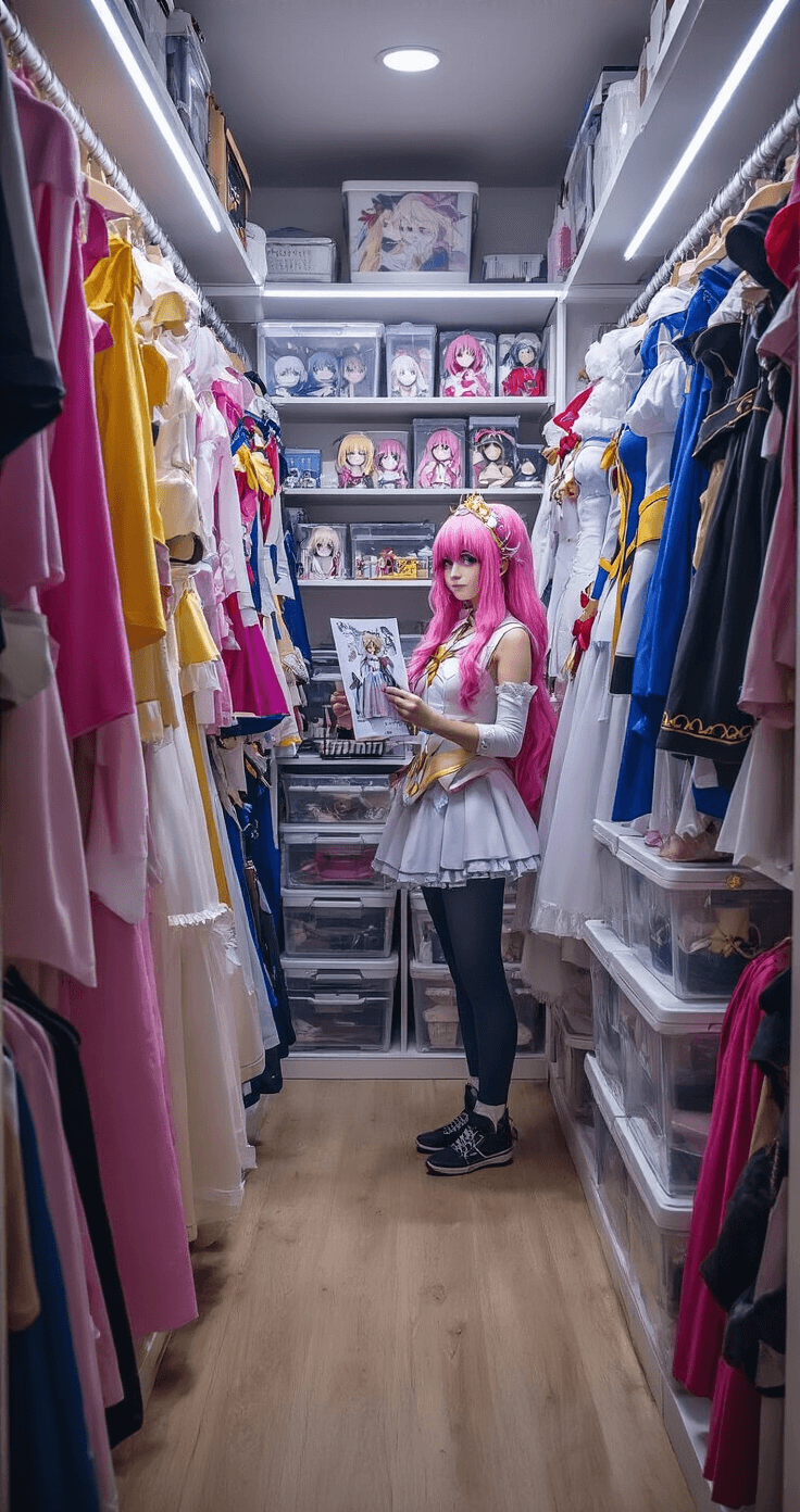 Ultimate Guide to Anime Cosplay: Transform Your Style Like a Pro! A well-organized walk-in closet showcasing a vast collection of anime costumes, wigs, and accessories arranged by color and character. Bright LED strip lighting highlights the hanging costumes, while clear storage boxes neatly contain sorted accessories and makeup supplies. A cosplayer in casual clothes stands selecting pieces, holding a character reference printout.