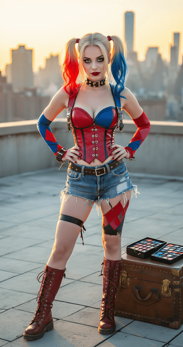 A confident woman in Harley Quinn cosplay poses on a vibrant urban rooftop during golden hour, showcasing detailed red and blue pigtails, a diamond-patterned corset, distressed denim shorts, and combat boots. The city skyline serves as a backdrop, while a makeup kit and styling tools rest on a vintage trunk nearby, highlighting rich textures amid soft evening lighting.