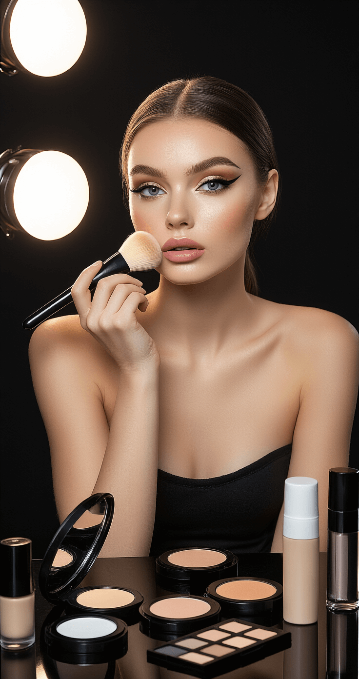 A model undergoing a makeup transformation at a professional vanity, with Hollywood-style lighting highlighting her face. A foundation brush is in mid-application, surrounded by makeup products including powder compacts and concealer tubes on a glossy black surface, as cinematic side-lighting enhances the contrast between gothic and kawaii beauty styles.