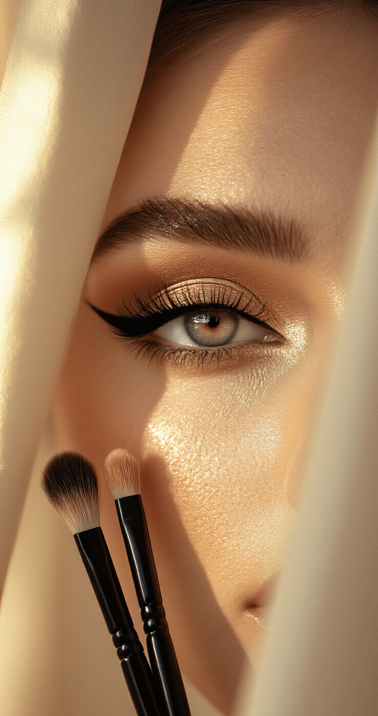 Extreme close-up of a beautifully made-up eye featuring blended neutral eyeshadows, bold winged liner, and layered false lashes, illuminated by golden hour light, with black kohl pencil and brushes in the frame and a softly blurred background.