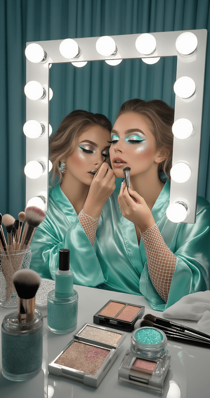 Magical Mermaid Halloween Costumes: Your Ultimate Style A woman in a seafoam green silk robe applies iridescent eyeshadow at a Hollywood-style vanity, surrounded by professional makeup brushes and ocean-inspired cosmetics, capturing a mermaid makeup artistry scene in bright, flattering light.