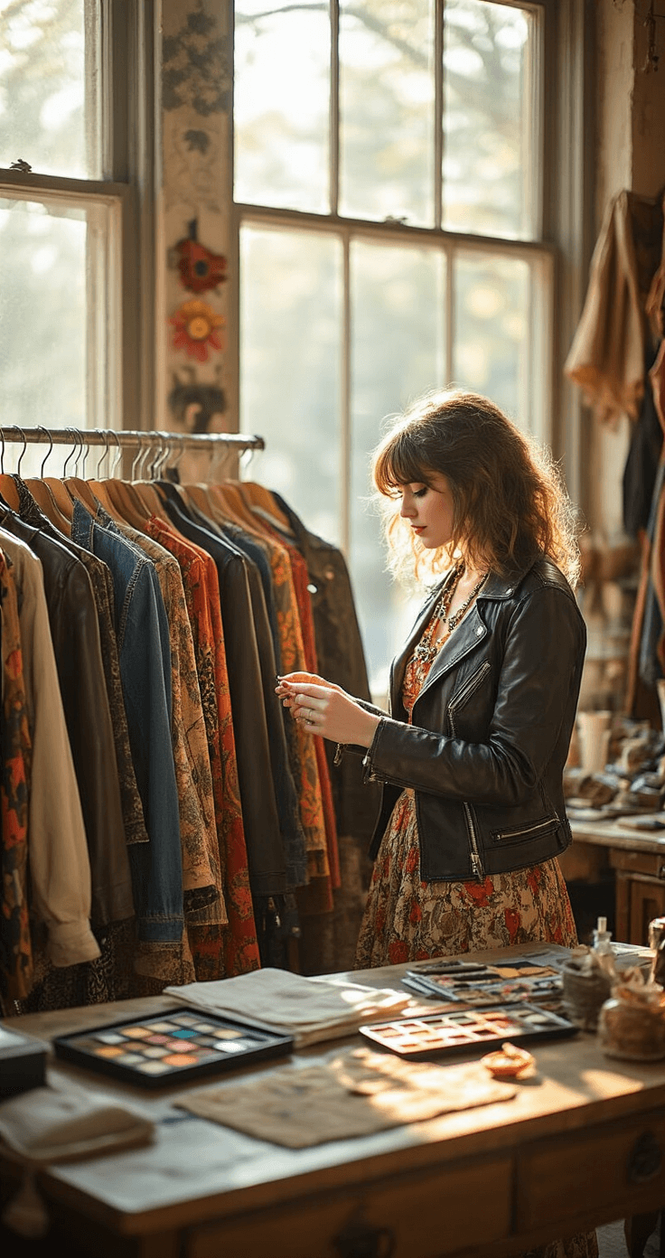 A budget-conscious cosplayer explores a vintage boutique filled with costume pieces, surrounded by racks of leather jackets, patterned skirts, and colorful accessories, while afternoon sunlight streams through large windows, illuminating an organized styling station with makeup tools and fabric scissors amidst an inspiring DIY workspace.