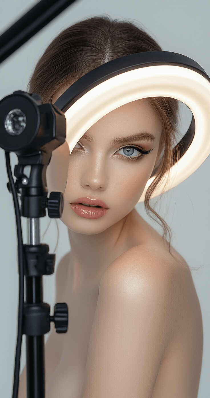 A professional beauty photography setup featuring a model showcasing dramatic eye makeup and pale foundation against a clean white backdrop, illuminated by ring lights and mixed LED lighting, with visible camera equipment and reflectors in the background.