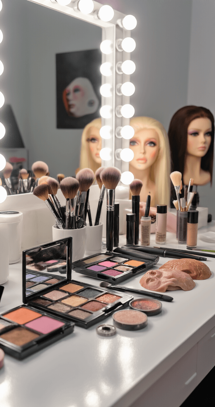 Close-up of a professional makeup application in a well-lit vanity with premium tools, showcasing colorful eyeshadow palettes, contouring brushes, wigs on styling heads, and prosthetic pieces, all highlighted by soft diffused lighting in a clean white workspace.