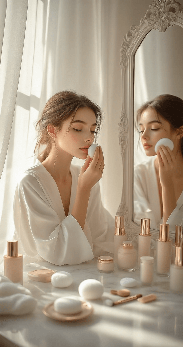 A young woman in a flowing white silk robe applies foundation at a pristine white vanity table, illuminated by soft morning sunlight filtering through sheer curtains, surrounded by delicate makeup tools and a vintage mirror.