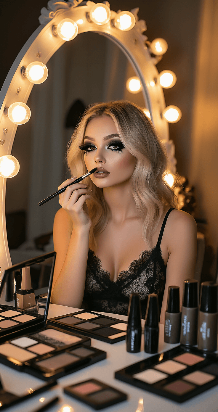 A model in a black lace camisole sits at a Hollywood-style vanity mirror, applying dramatic black winged eyeliner in a cozy bedroom illuminated by golden hour light. Surrounding her are smoky grey and deep taupe makeup palettes, liquid eyeliner pens, and voluminous false lashes, with her blonde hair cascading in loose waves.