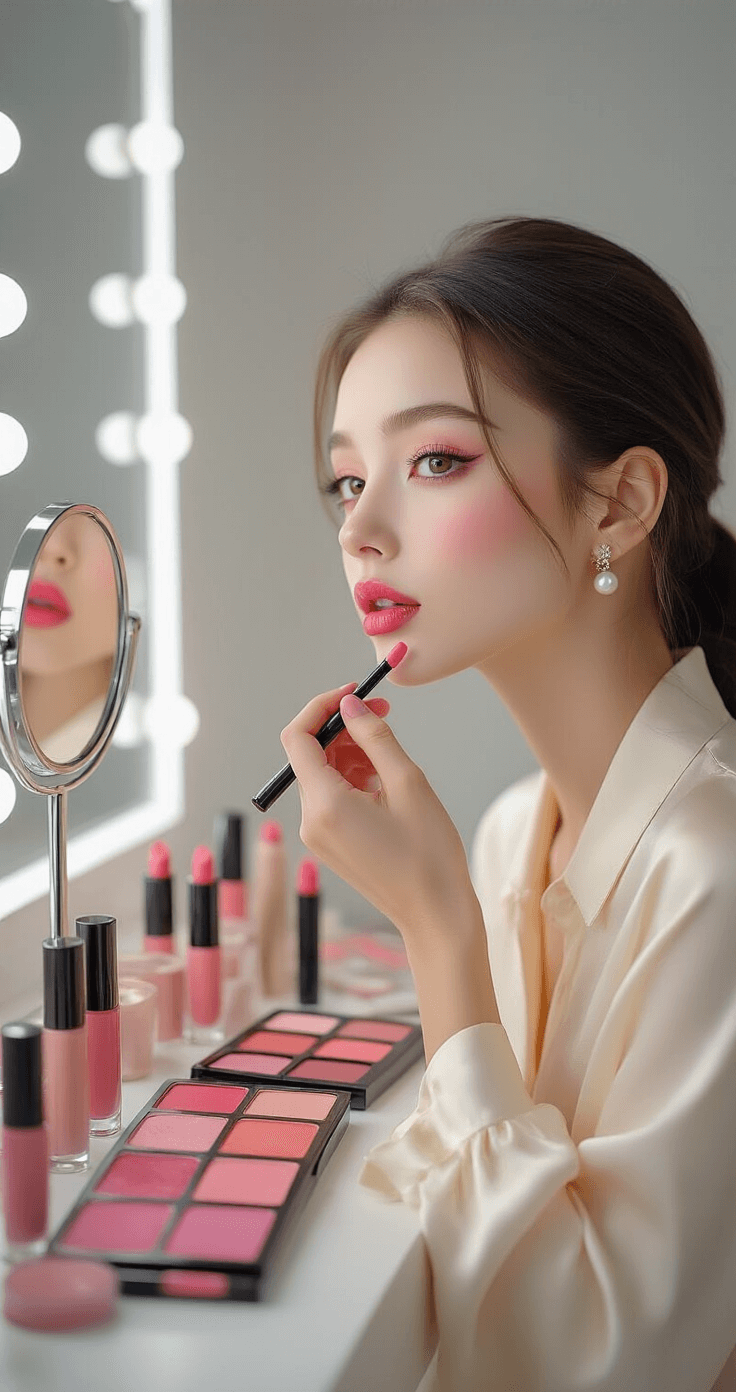 A close-up of a model applying soft pink lip tint in a modern makeup studio, featuring an array of lip products on the vanity and bright daylight streaming in, with delicate pearl earrings and a cream silk blouse.