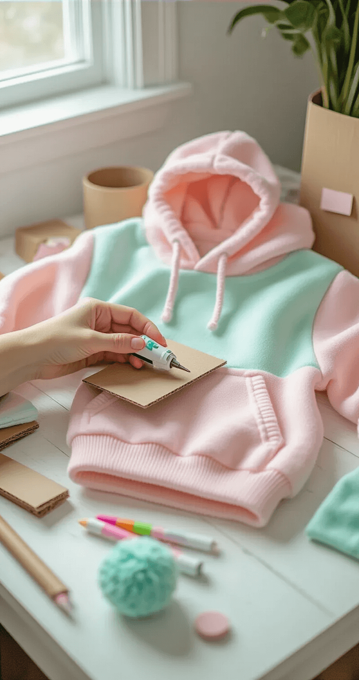 Trending Halloween Costume Ideas for 2025: Your Ultimate Guide to Epic Looks Close-up of hands crafting a DIY costume in a cozy bedroom workspace, illuminated by soft morning light. The white wooden desk features cardboard, a hot glue gun, pastel pink and mint green fabric swatches, and scattered craft supplies. Nearby lies a beanie baby-inspired hoodie with fuzzy textures and rainbow accents, showcasing an organized and authentic creative process.