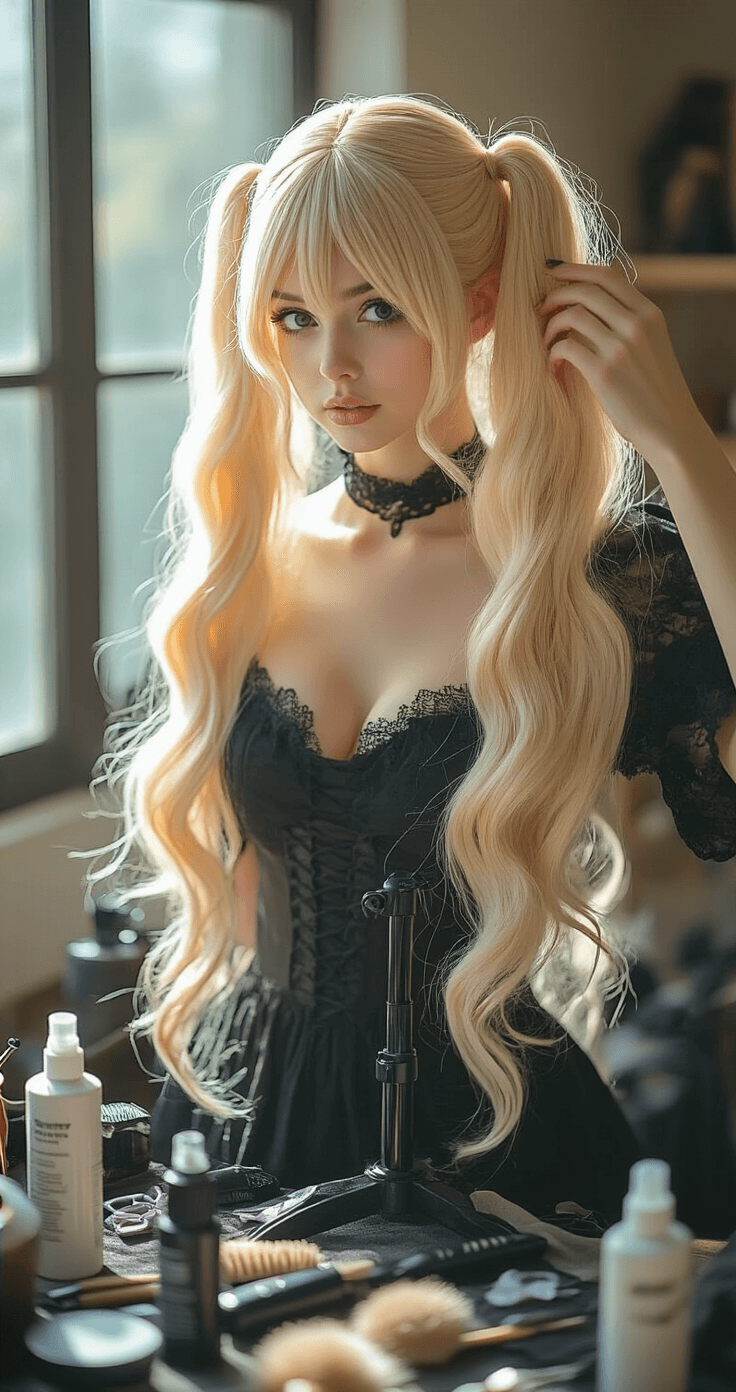 A stylish bedroom bathed in afternoon sunlight features a blonde cosplay wig with long pigtails on a professional stand, surrounded by styling tools and hair accessories. A model in a gothic black lace dress adjusts the wig, emphasizing the behind-the-scenes vibe of cosplay preparation.