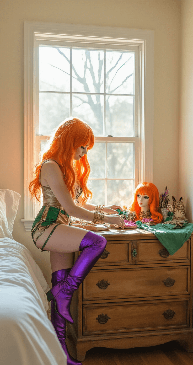 Starfire Cosplay: The Ultimate DIY Rocking This Iconic Teen Titans Look Female fashion enthusiast organizing Starfire cosplay essentials, including knee-high purple boots, metallic fabrics, green gems, and an orange wig, on a vintage wooden dresser in a cozy bedroom. Soft morning light filters through a window, casting gentle shadows across cotton bedding, highlighting rich jewel tones against cream walls.