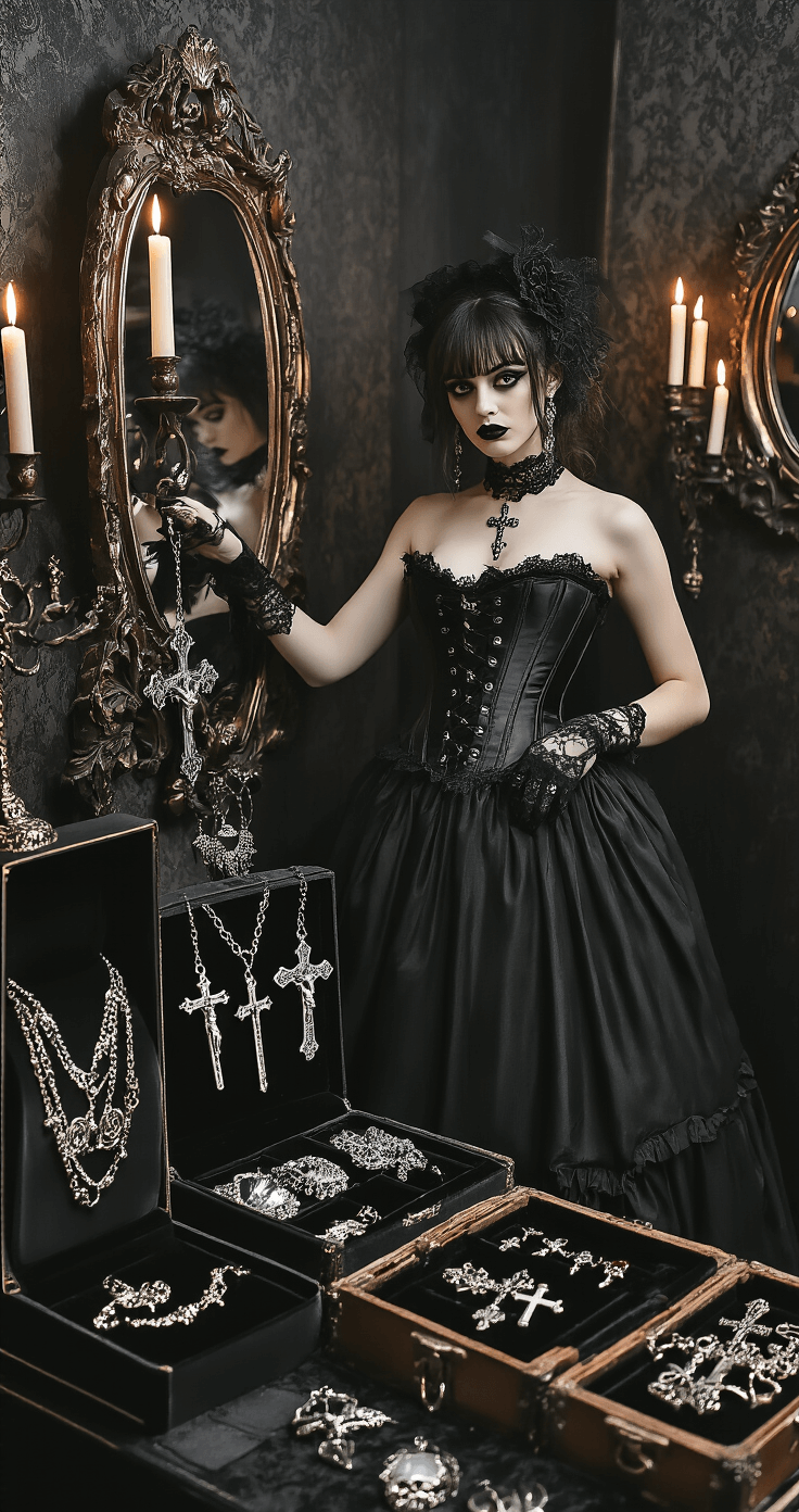 A gothic-inspired dressing room with evening ambient lighting, featuring a model in a dramatic black corset and flowing skirt, selecting black lace chokers and ornate jewelry from velvet-lined boxes. Antique mirrors reflect the scene, while candlelight casts mysterious shadows on dark metal accessories.