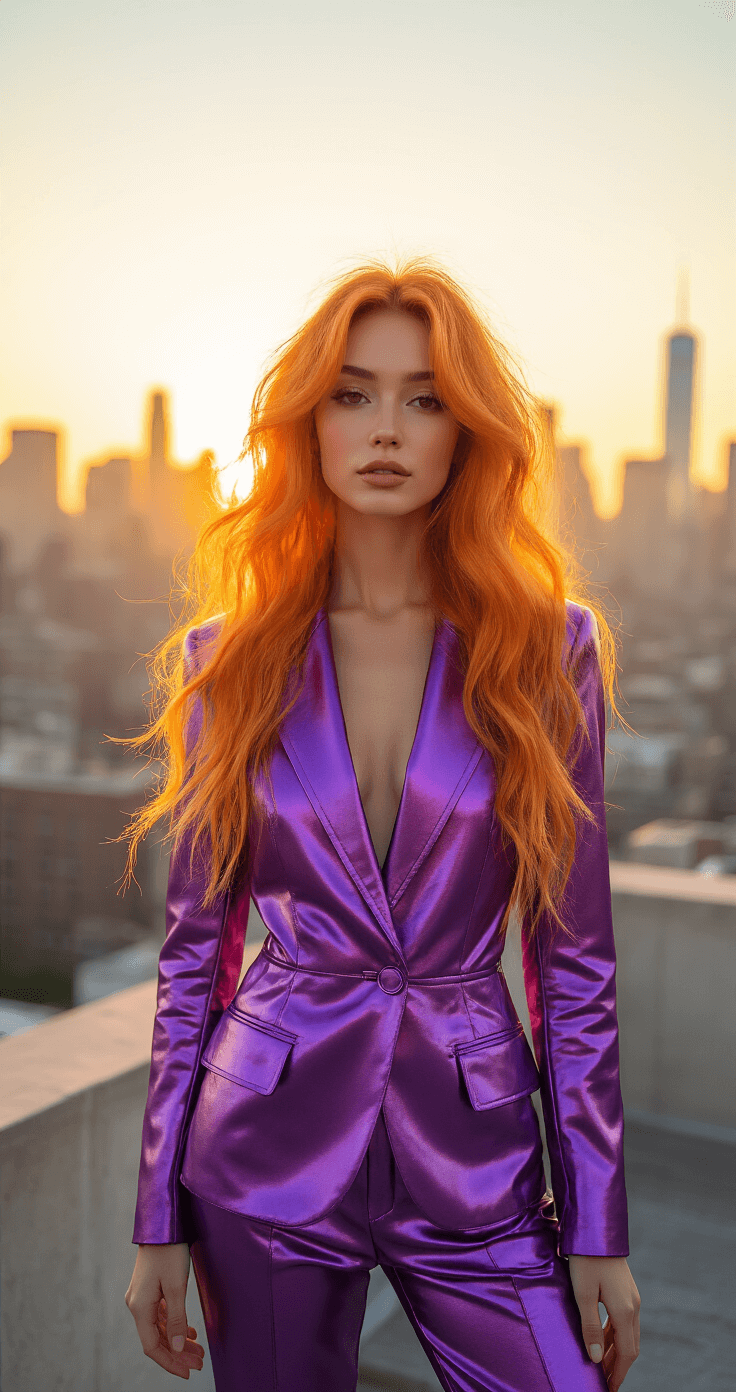 Starfire Cosplay: The Ultimate DIY Rocking This Iconic Teen Titans Look Model in a purple metallic Starfire ensemble with a flowing orange wig catches golden sunset light on an urban rooftop, showcasing confidence against a dramatic city skyline backdrop.