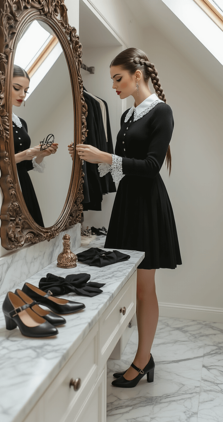 Trending Halloween Costume Ideas for 2025: Your Ultimate Guide to Epic Looks A fashion-forward woman in a minimalist walk-in closet tries on a Wednesday Addams-inspired look, featuring a black wool dress with a white collar and leather Mary Jane shoes. The space is illuminated by midday skylight, showcasing marble surfaces with vintage accessories, while she examines braided hair accessories in an ornate mirror.