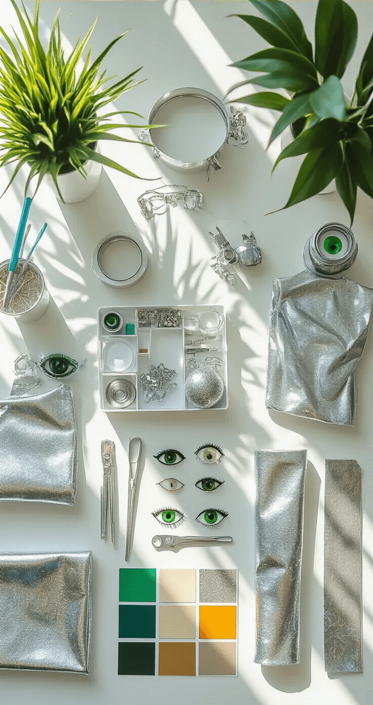 Starfire Cosplay: The Ultimate DIY Rocking This Iconic Teen Titans Look A bright, organized craft table under midday sunlight, showcasing metallic spandex, silver accessories, and green contact lenses among neatly arranged DIY costume materials, with overhead view displaying pattern pieces, measuring tools, and color swatches on clean white surfaces reflecting natural light.