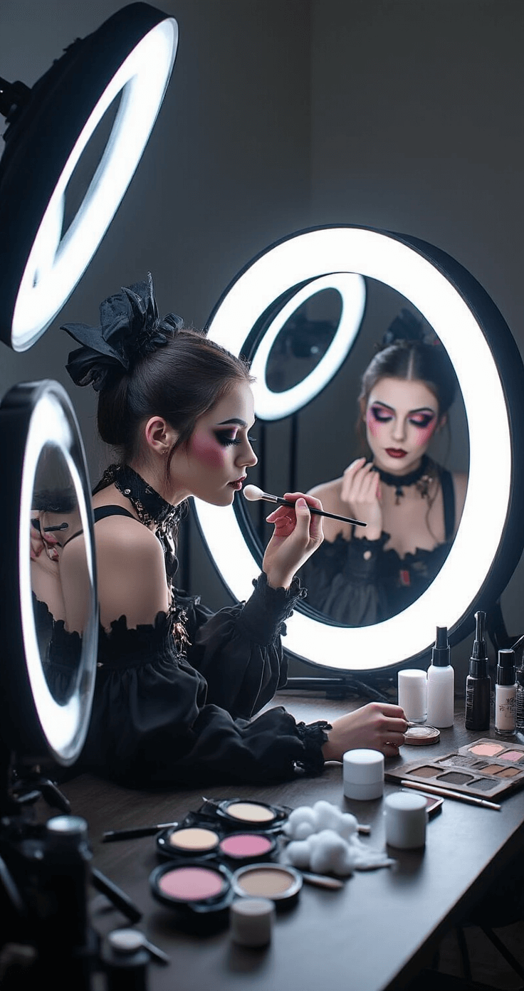 A photography studio lit by professional ring lights, featuring a makeup artist correcting heavy foundation on a model in a gothic costume, surrounded by makeup remover and tools, with mirrors reflecting the detailed correction process.